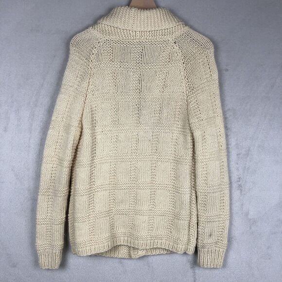 VTG Hand Knit Wool Fisherman’s Shawl Collar Cardigan Sz Small Cream Pockets - Picture 2 of 9